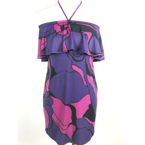 Trina Turk Dress Women Extra Small Pink Purple Floral Mini Halter Abstract Retro